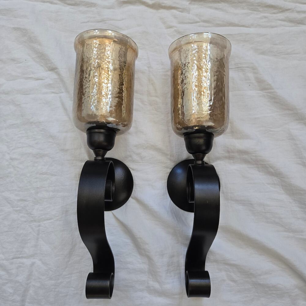 Metal Wall Sconce Set of 2 Hurricane Candle Holder Gold Lustre Textured Glass